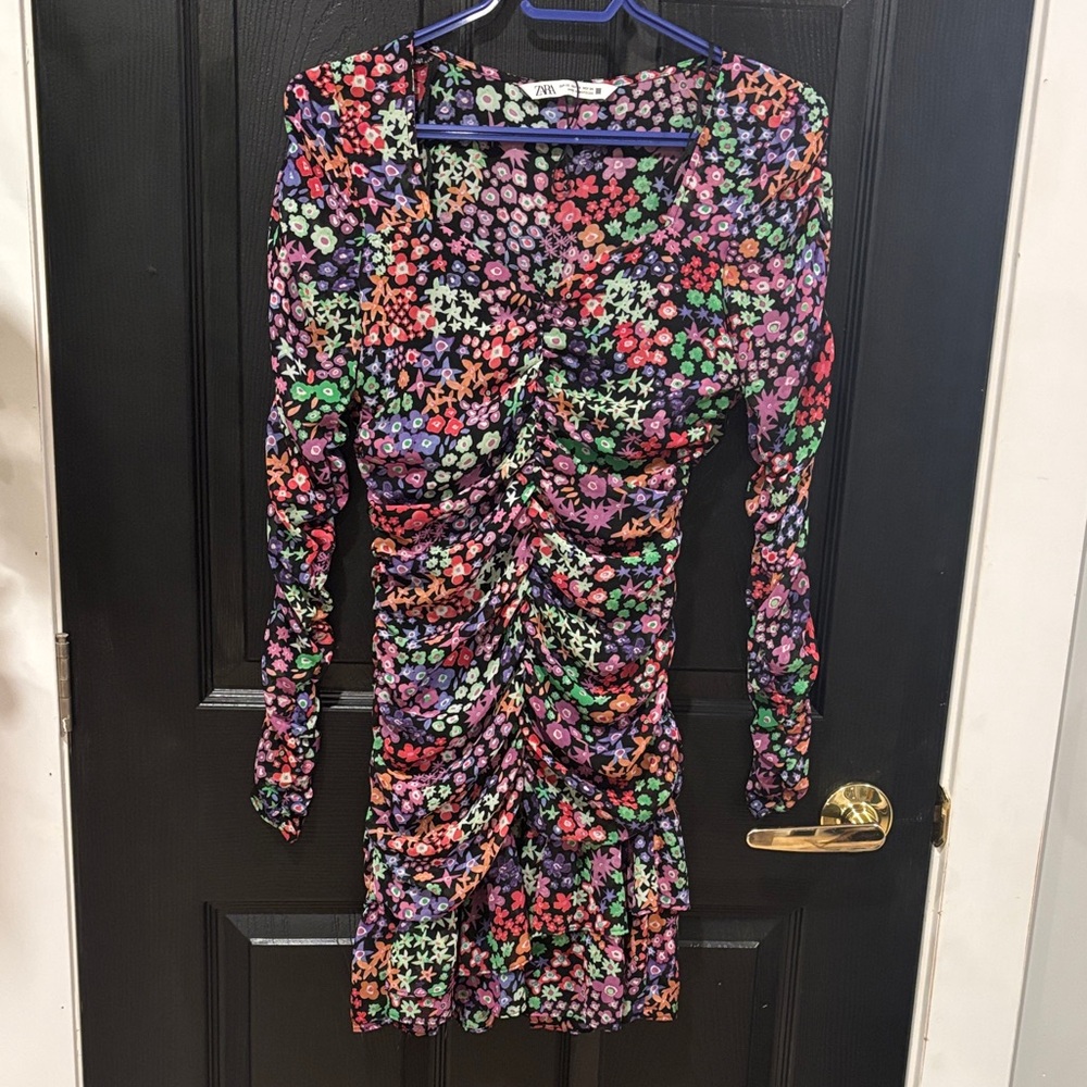ZARA Black Floral Mini Dress with Pink, Red & Green Prints